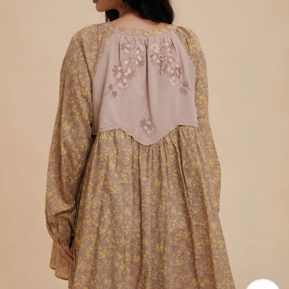 Boutique Cotton Embroidered Long Sleeve Babydoll Dress In Fawn - Picture 3 of 11